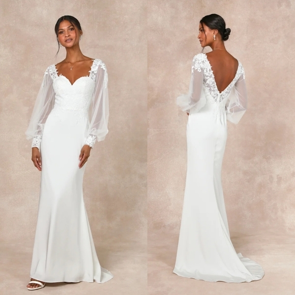 Lulus Luxe BridalTimeless Adoration White Embroidered Bishop Sleeve Maxi Dress S - Picture 1 of 13
